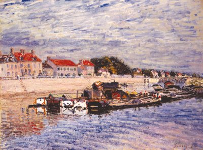 サン・マンメスのロワン川のはしけ 作： Alfred Sisley